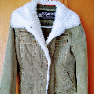 Sugarfly Corduroy Jacket with Fur Trim Sage M New